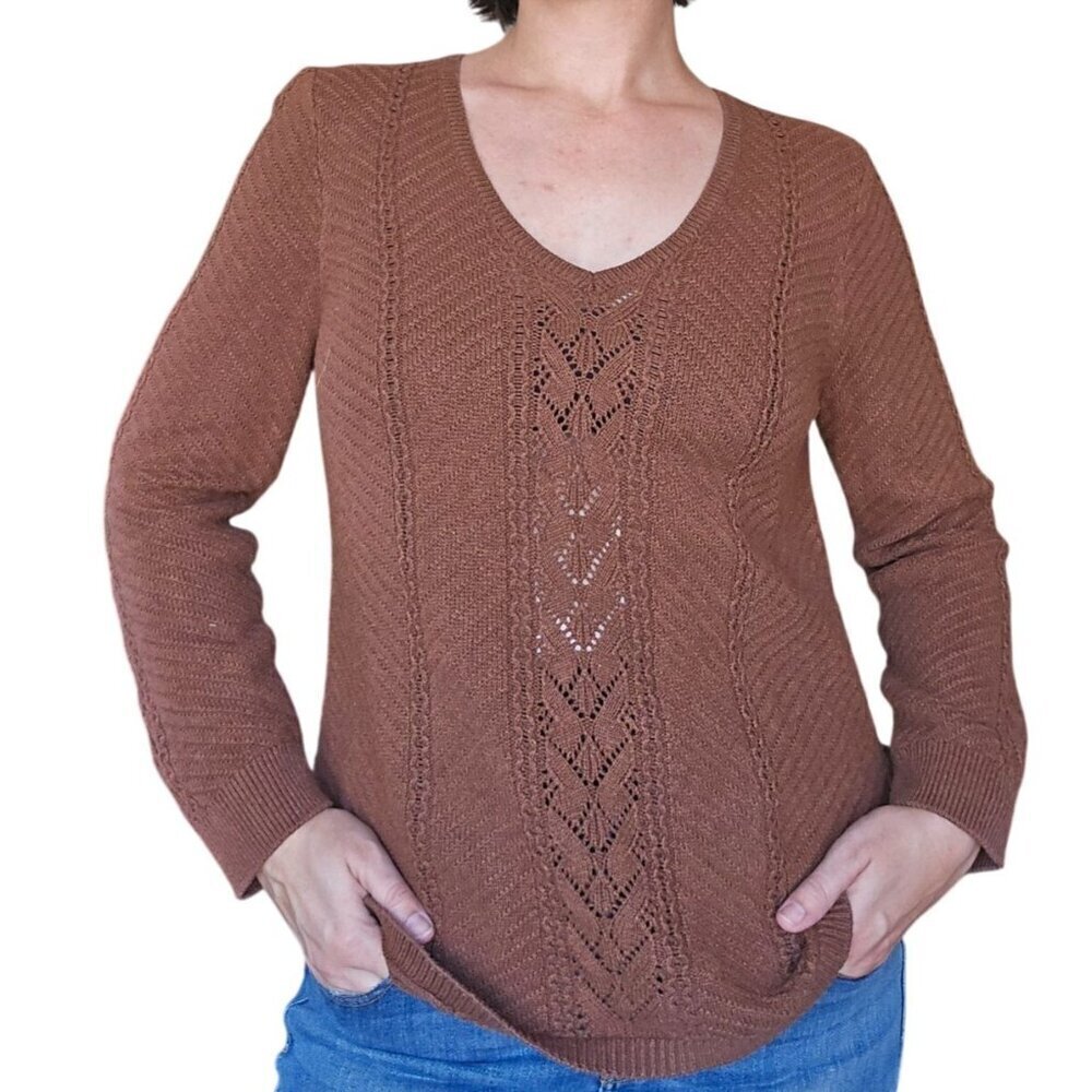 Sonoma Chocolate Brown Cable Knit Pullover Sweater Size XL Cotton Boho Fall